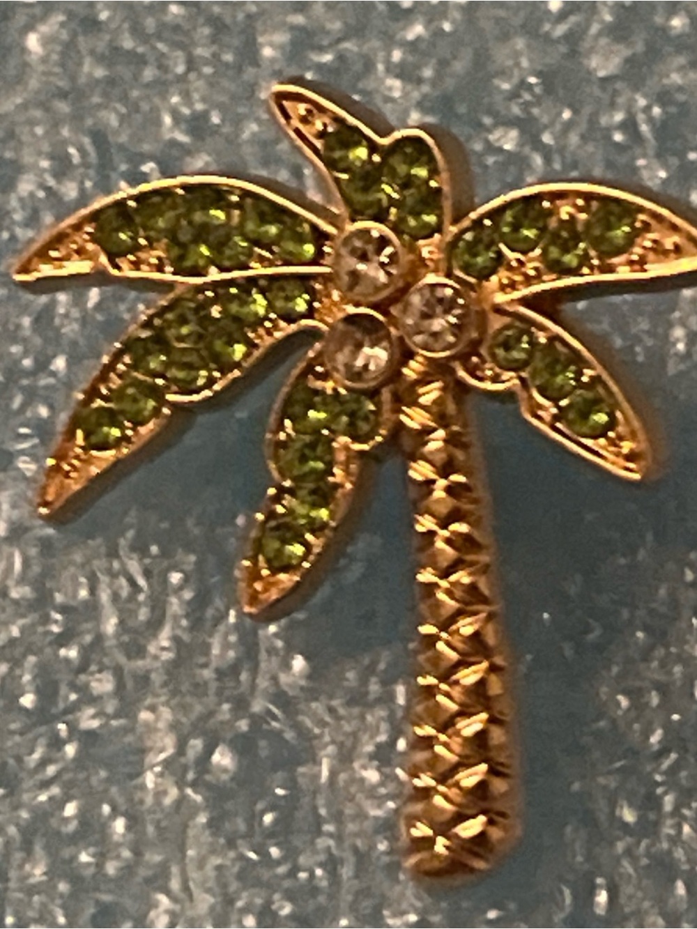 Gold Palm Tree Pin with Green and Clear Crystals